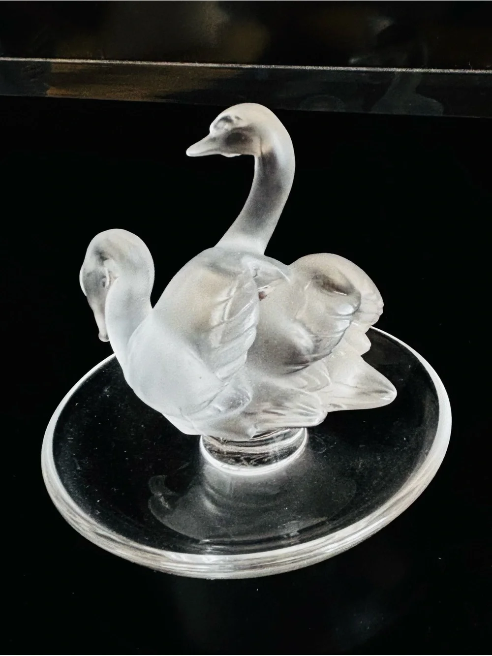 Signed Lalique Frosted Crystal Swan Pair Accent